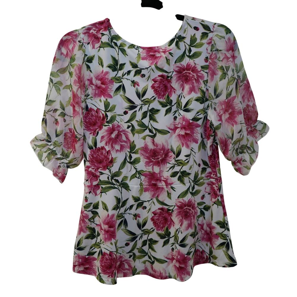 Perseption Concept Women Floral Twist Front Blouse Medium Pink Green Cottagecore - Picture 2 of 7
